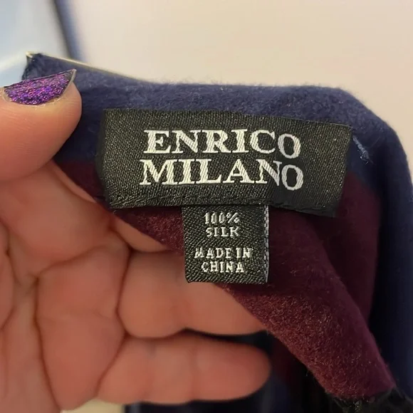 Enrico Milano Reversible Striped Silk Scarf Fringe OS Navy Maroon Green